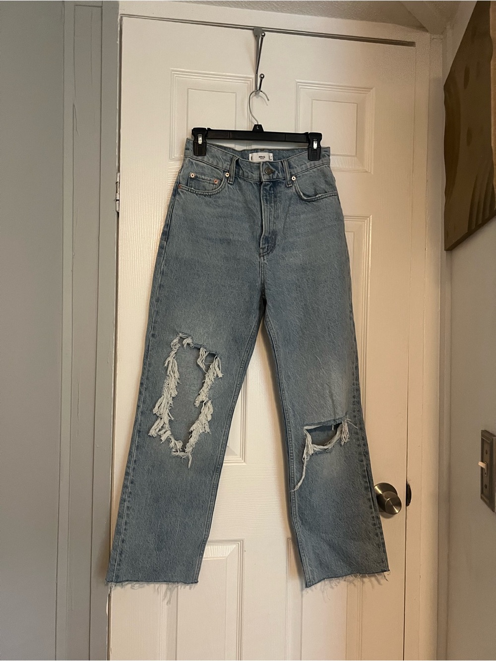 Mango Light Blue Distressed Straight-Leg Jeans